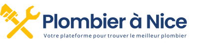 Logo de Plombier à Nice avec une icône de tuyau et clé croisés et slogan