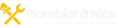 Logo de Plombier à Nice avec icône de clé et tuyau croisés en jaune sur fond blanc